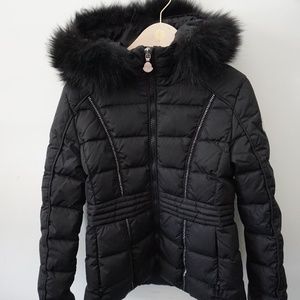 Moncler Black Puffer Jacket with Faux Fur Hood